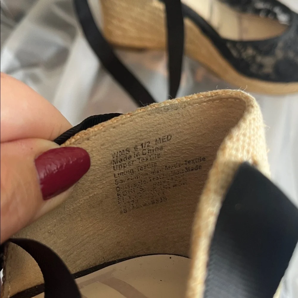 🏝️🚢 Size 6.5 Elegant‎ Black Lace Wedge Espadrilles, 2.5” Heel w/ Leg Laces